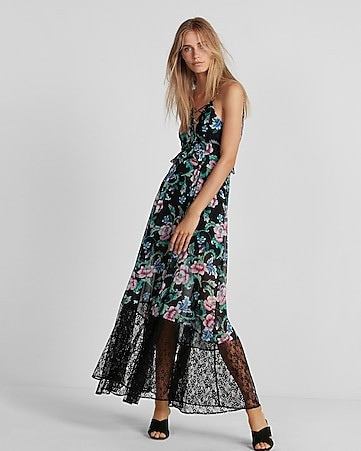 floral strappy lace-up maxi dress | Express