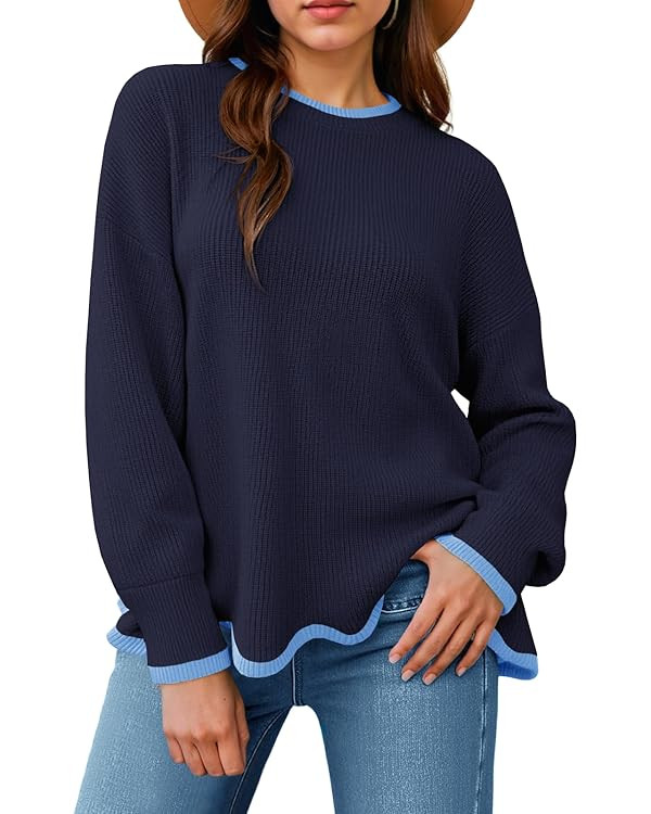 Saodimallsu Womens Contrast Color Pullover Sweaters Crewneck Knit Tops with Wave Hem Long Sleeve ... | Amazon (US)