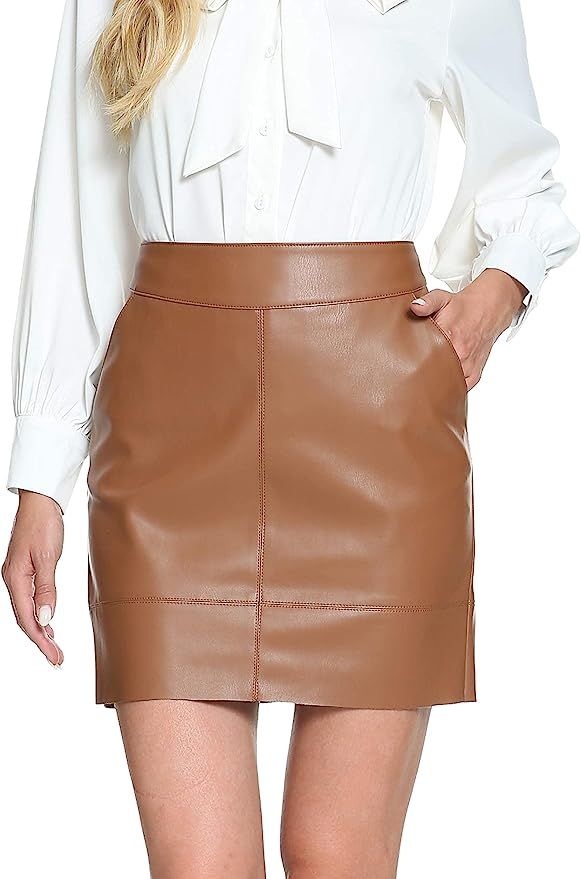 Fahsyee Women's Faux Leather Skirt, Hip High Waisted Stretchy Zipper Mini A-Line Pencil Short Pl... | Amazon (US)