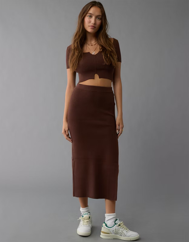 AE High-Waisted Sweater Slit Midi Skirt | American Eagle Outfitters (US & CA)