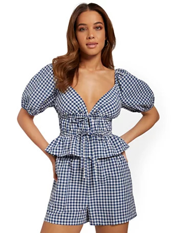 Gingham Puff-Sleeve Peplum Top - 4Sienna - New York & Company | New York & Company
