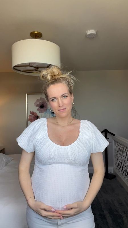 Bump friendly NON maternity top for the win! This is the cutest spring summer top! I sized up to accommodate the bump. I styled it with maternity white denim and sneakers!  - bump friendly - maternity style - style the bump - spring outfit - mom style - mom fashion  

#LTKstyletip #LTKfindsunder50 #LTKbump
