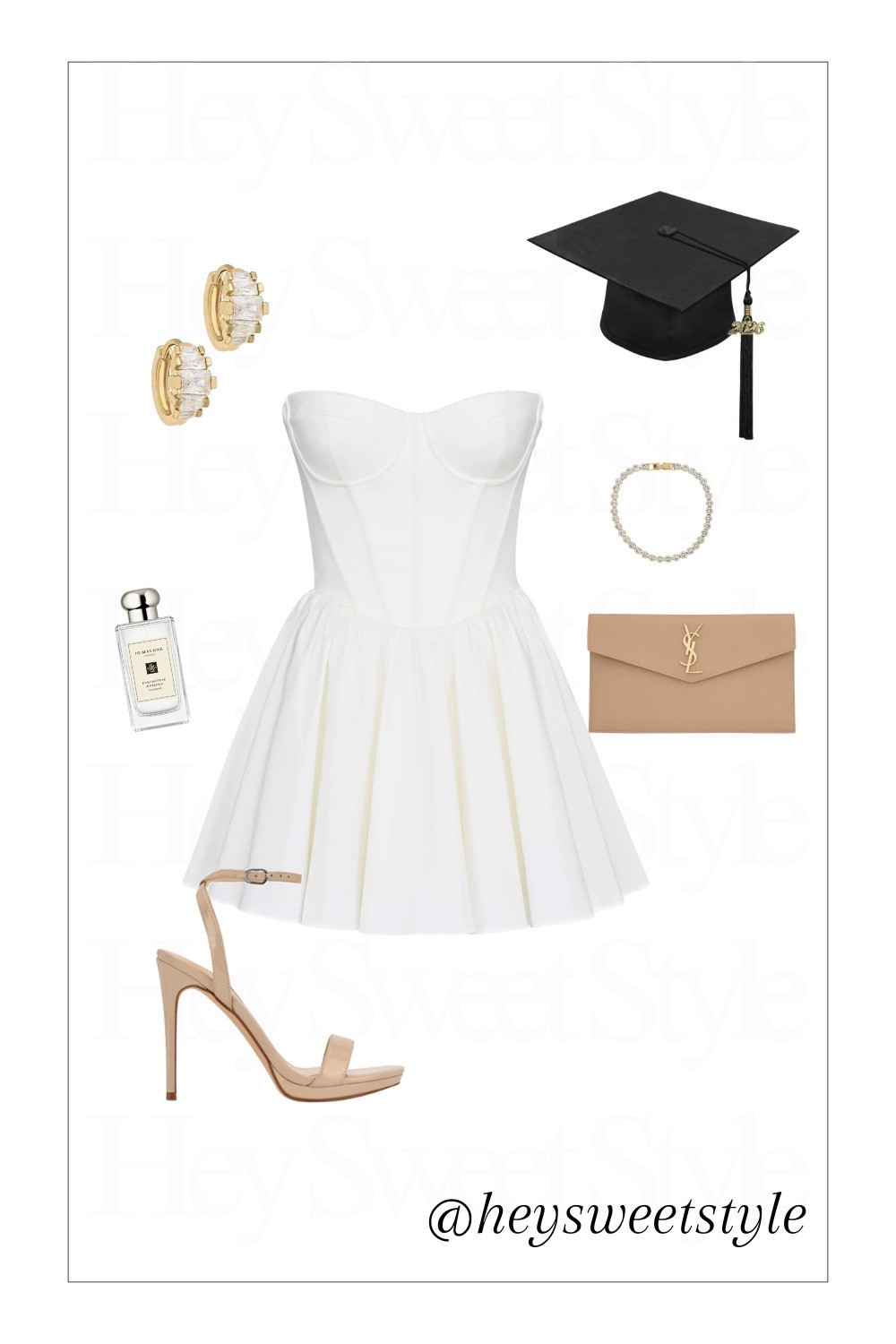 Strapless  mini dress & tan accessories | 10 Collge Graduation Outfit Ideas 🎓