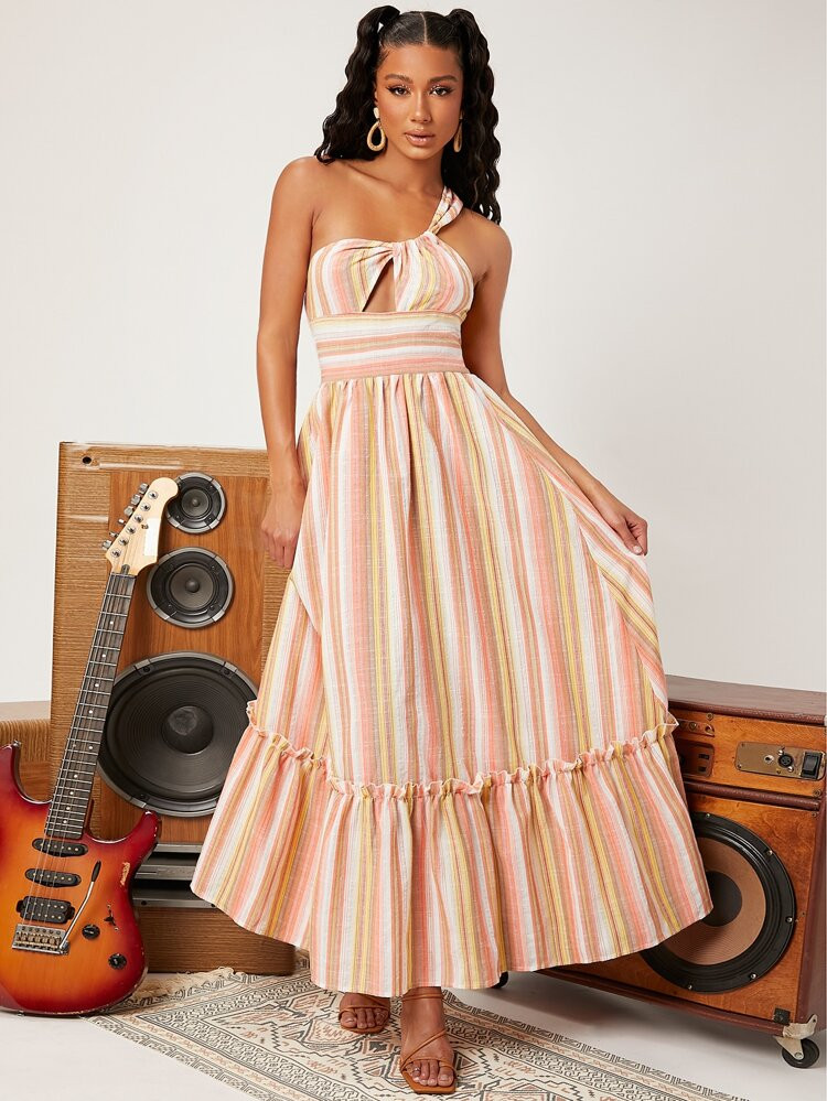 SHEIN Striped One Shoulder Ruffle Hem Dress | SHEIN