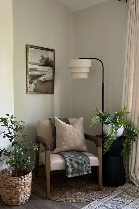 Bedroom corner: inspired by nature. A Summer meadow/stream art print setting the tone for a calm space. 
Cozy corner, reading corner 
Bedroom inspiration 

#LTKHome #LTKSeasonal