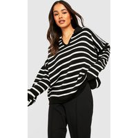 Womens Stripe Polo Collar Knitted Sweater - Black - M/L | boohoo (US & Canada)