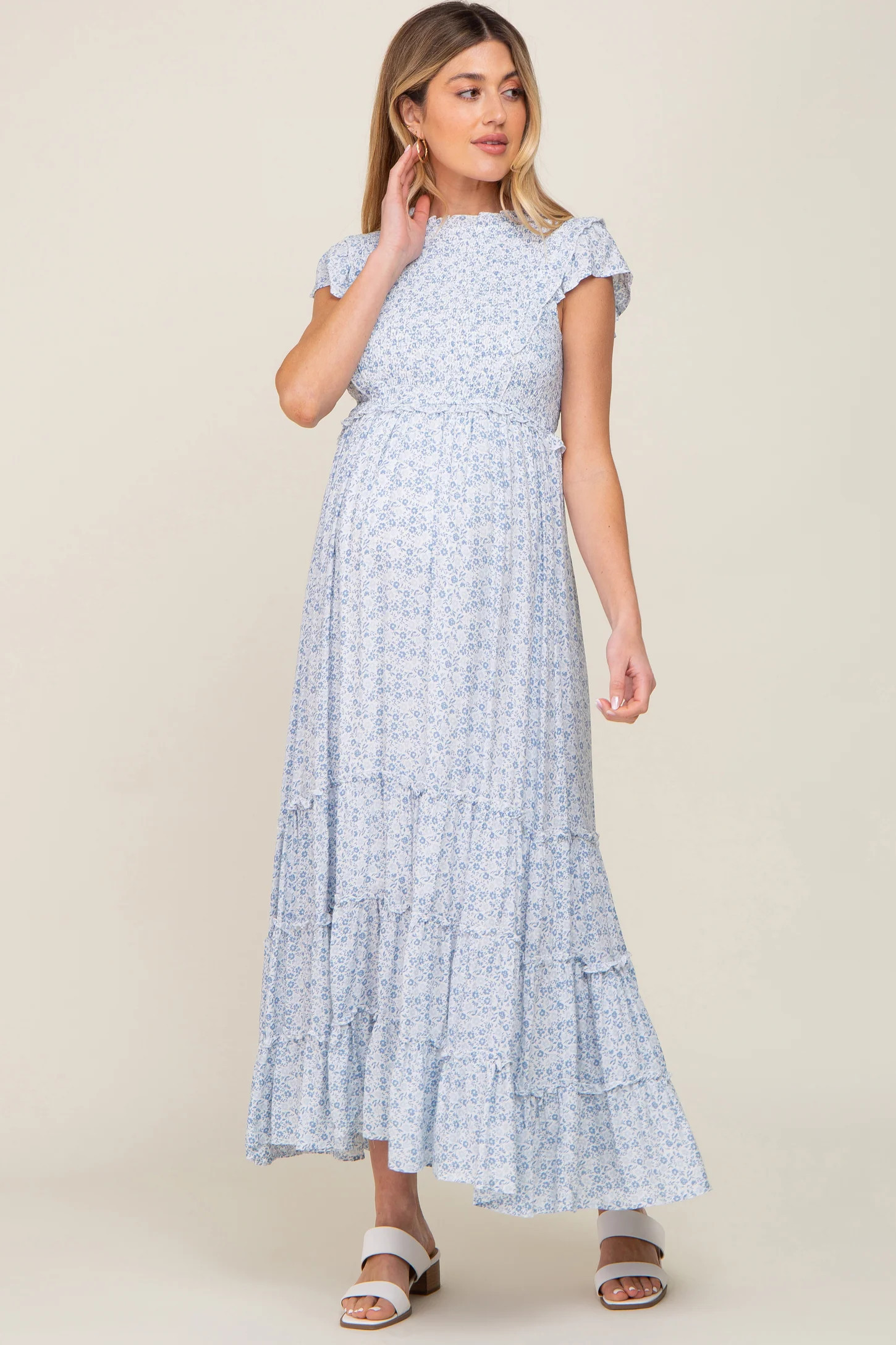 Blue Floral Tiered Maternity Maxi Dress | PinkBlush Maternity