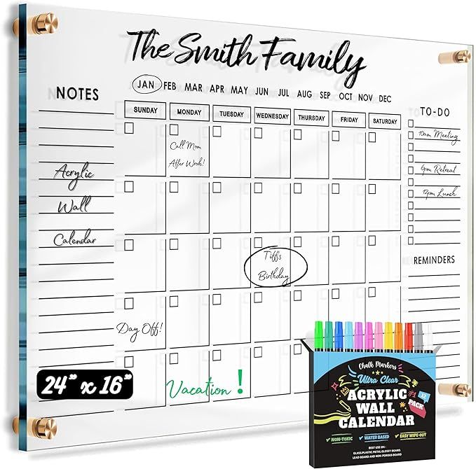 Large Ultra-Clear Acrylic Premium Wall Calendar Dry Erase | 24" x 16" Oversize | Monthly Family C... | Amazon (US)