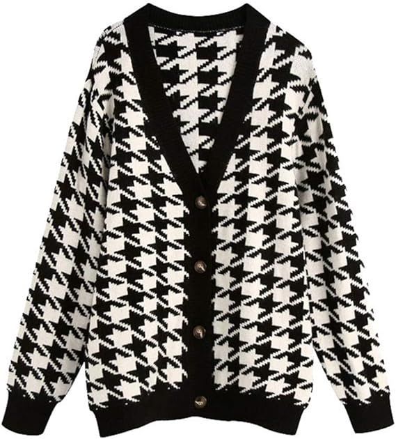 Women Oversized Houndstooth Knitted Cardigan Sweater Vintage V Neck Long Sleeve Female Outerwear ... | Amazon (US)