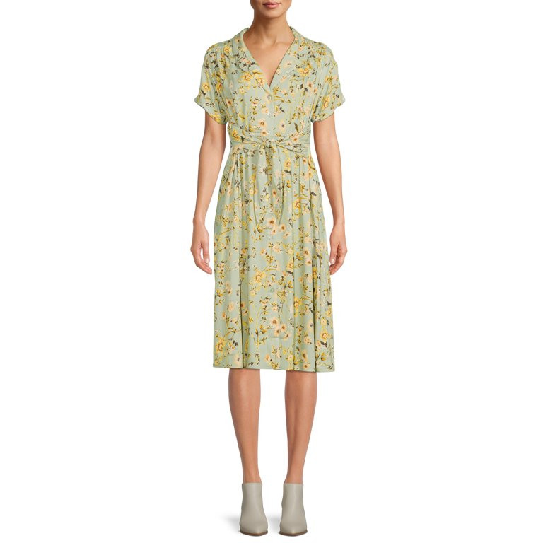 Time and Tru Women's Short Sleeve Woven Shirt Dress with Tie Front | Walmart (US)