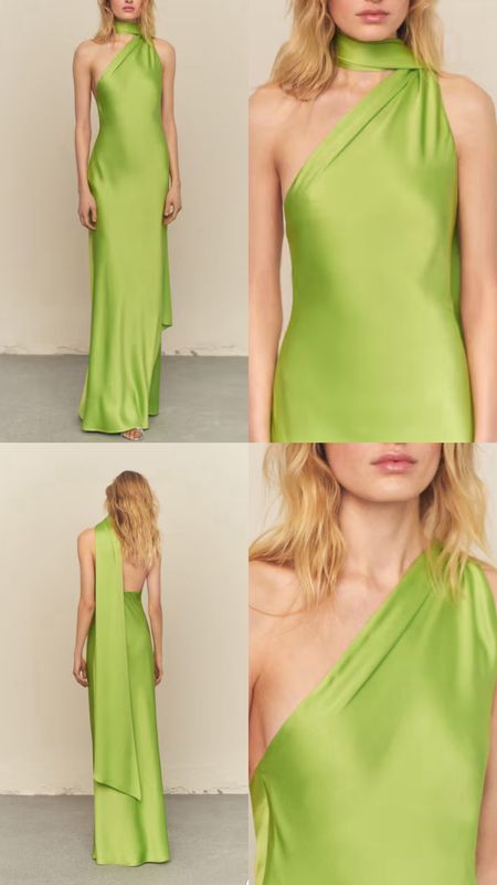 Green satin dress. Long dress, Flowy fabric, tailored design. Asymmetric neckline. Sleeveless. Wide strap. Unclosed. Inner lining. Prom collection. Party and events collection. Summer, spring, date night out, wedding, baby shower, special occasion dress, event dress . 

#LTKover50style #LTKpartywear #LTKgiftguide