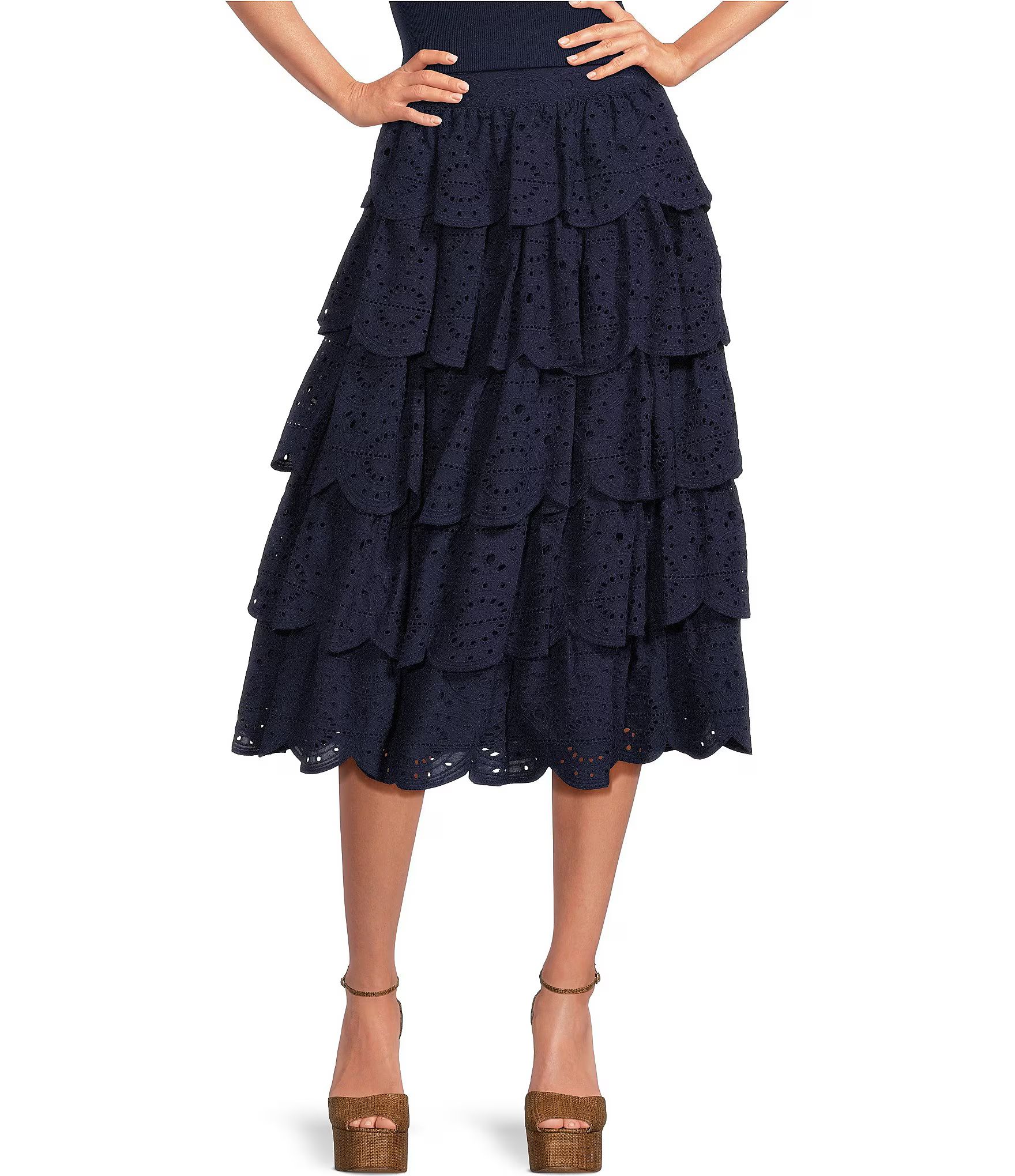 Coordinating High Rise Eyelet Embroidered Scalloped Hem Tiered A-Line Coordinating Midi Skirt | Dillard's