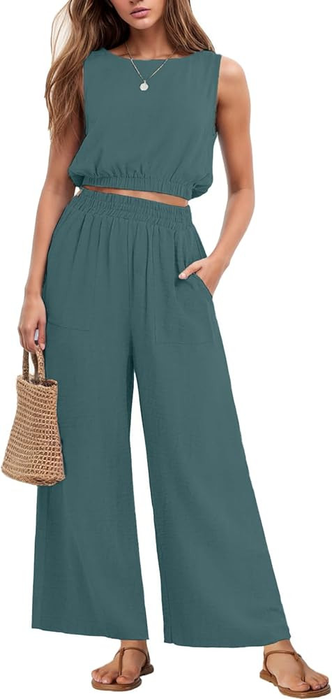 GRECERELLE Two Piece Sets for Women Sleeveless Crop Top Wide Leg Pants Sweat Set for Women Tracks... | Amazon (US)