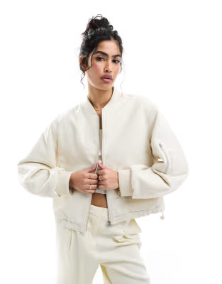 ASOS DESIGN textured crop bomber jacket in stone | ASOS (Global)