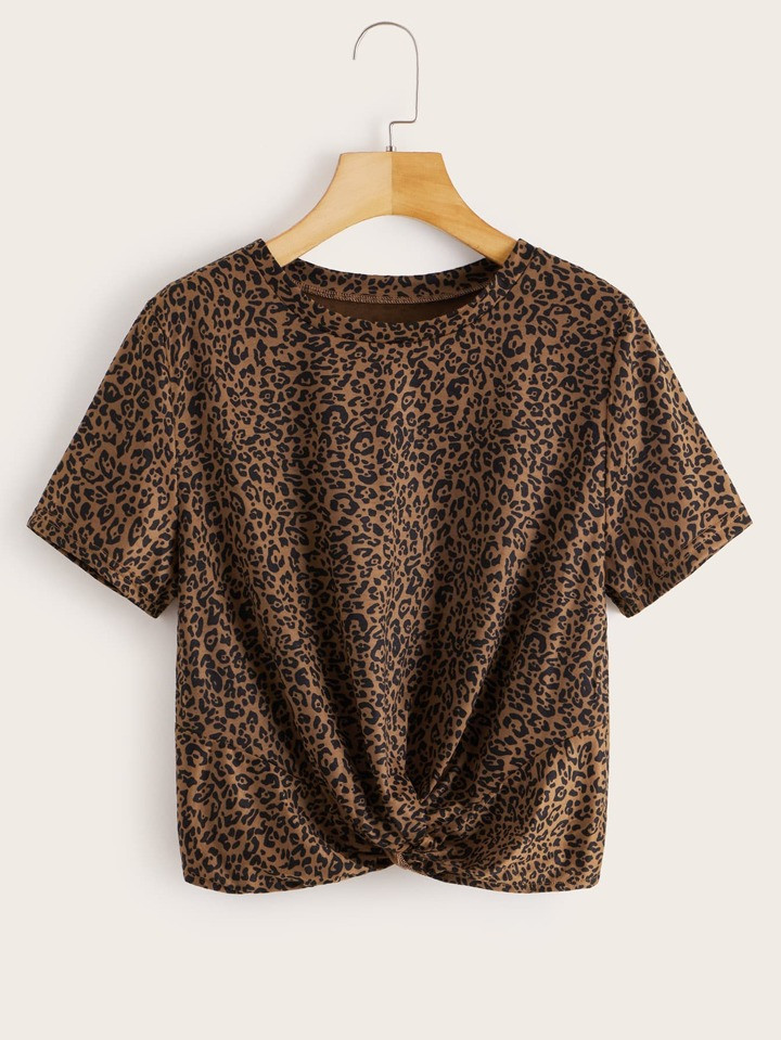 SHEIN LUNE Leopard Print Twist-Front Tee | SHEIN
