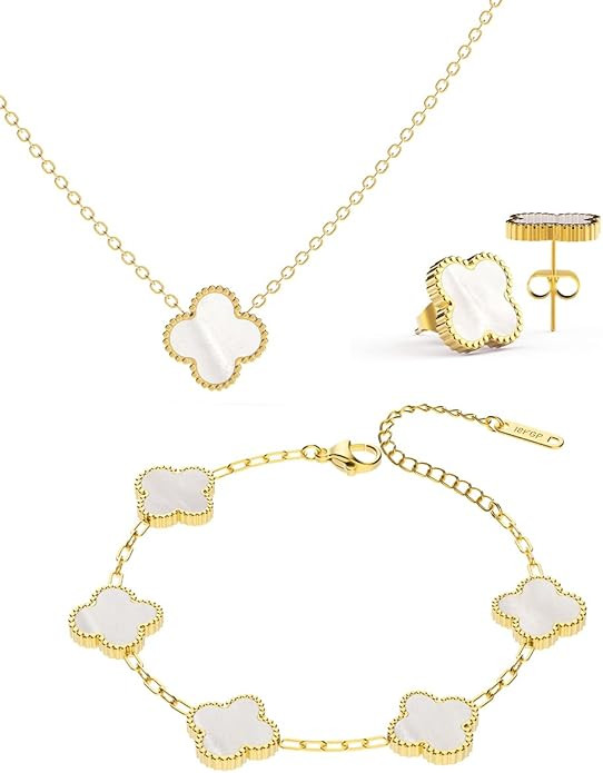 Lucky Clover Sets Necklace Pendant Earrings Bracelet for Women Girls 18K Gold-plated Stainless St... | Amazon (US)