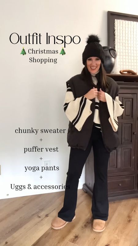 Outfit inspo - Cozy Christmas shopping!

Sweater-wearing medium 
Yoga pants-wearing medium 
Vest-sold out, linking similar 
Uggs-run TTS

Casual outfit | black workout pants | leggings | bootcut pants | work pants | athleisure | flare yoga pants | puffer vest | oversized puffer jacket | black gloves | head gloves | Walmart | sherpa hat | black pom hat | time and tru | Ugg ultra mini chestnut 

#LTKshoecrush #LTKunder100 #LTKunder50