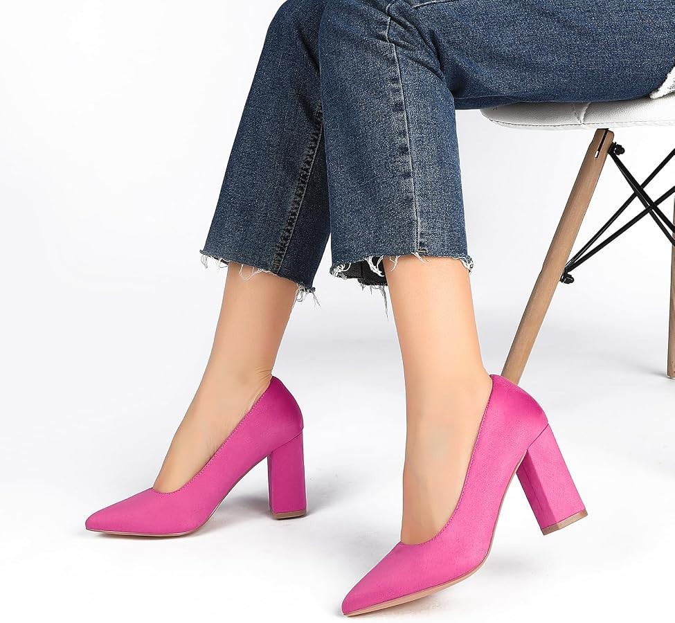 Women's Closed Toe Chunky Block Heels Dress Pointed Toe Pumps Shoes | Amazon (US)