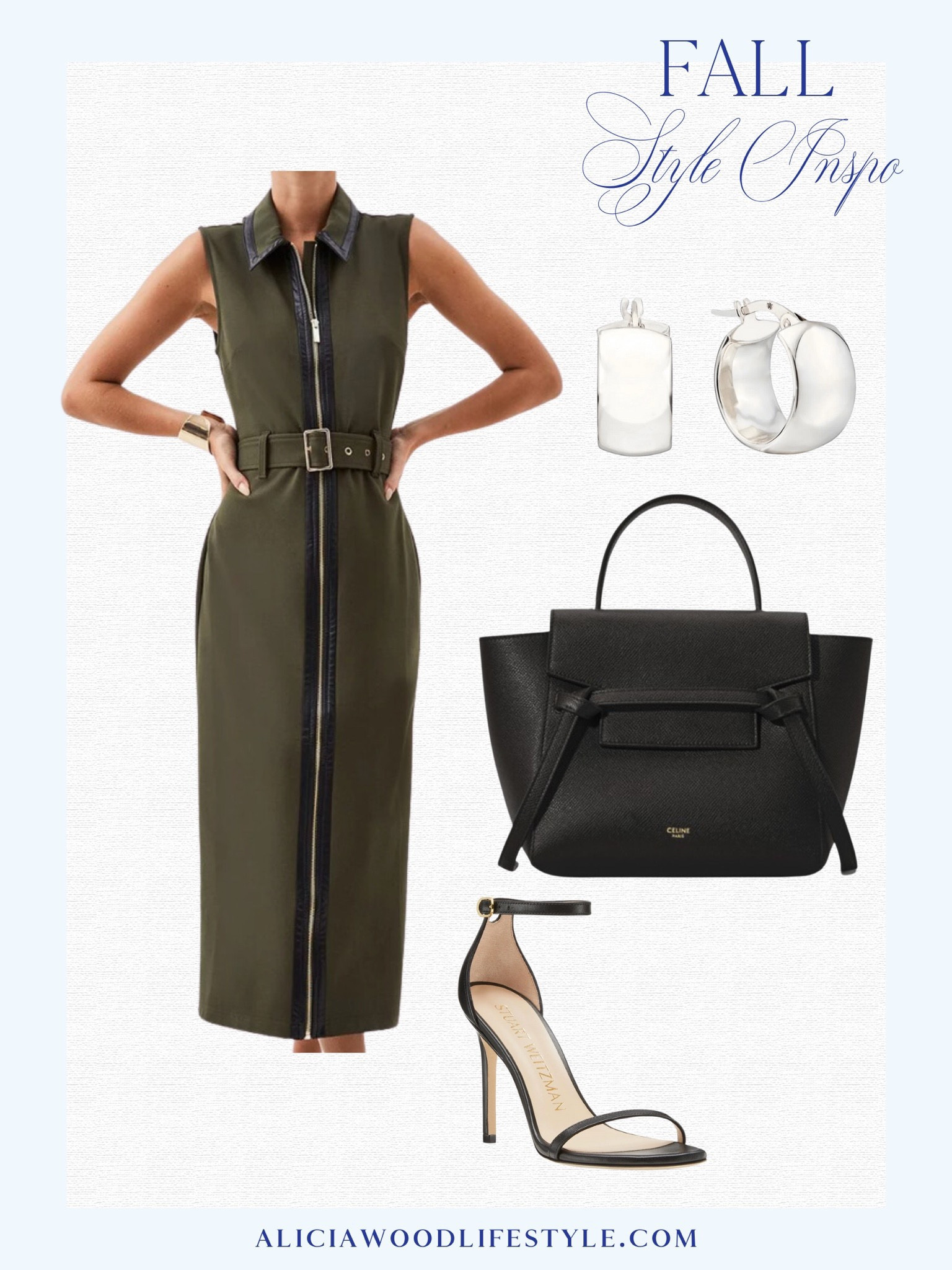 The chic dress that guarantees compliments!

Army Green and black collared belted midi dress
Celine black Micro Belt bag in grained calfskin
Black Stuart Weitzman strappy sandal heels
Silver hoop earrings 

#LTKSeasonal #LTKstyletip #LTKshoecrush