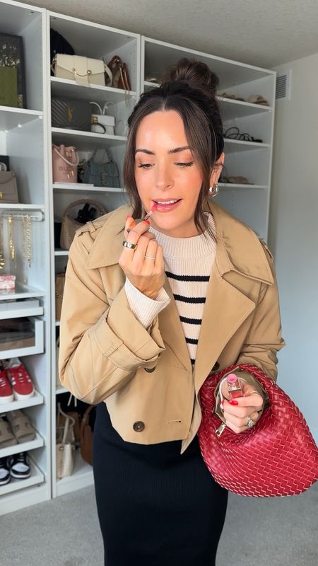 Today’s outfit ❤️
Cropped trench: true to size (S) 
Striped sweater: tts (S) size up if between
Sweater skirt (comes as a set): tts (S) 
Veja sneakers: size up if between

Code Taylor10 for 10% off + free shipping on my mini red woven bag 😍

Bump style, pregnancy style, bump friendly fashion

#LTKbump #LTKitbag #LTKVideo