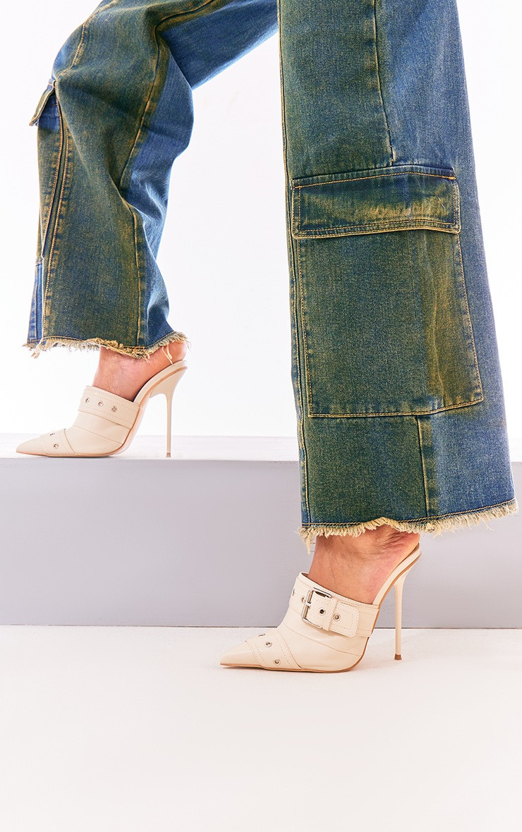 Cream Faux Leather Point Toe Buckle Detail High Heel Mules | PrettyLittleThing IE