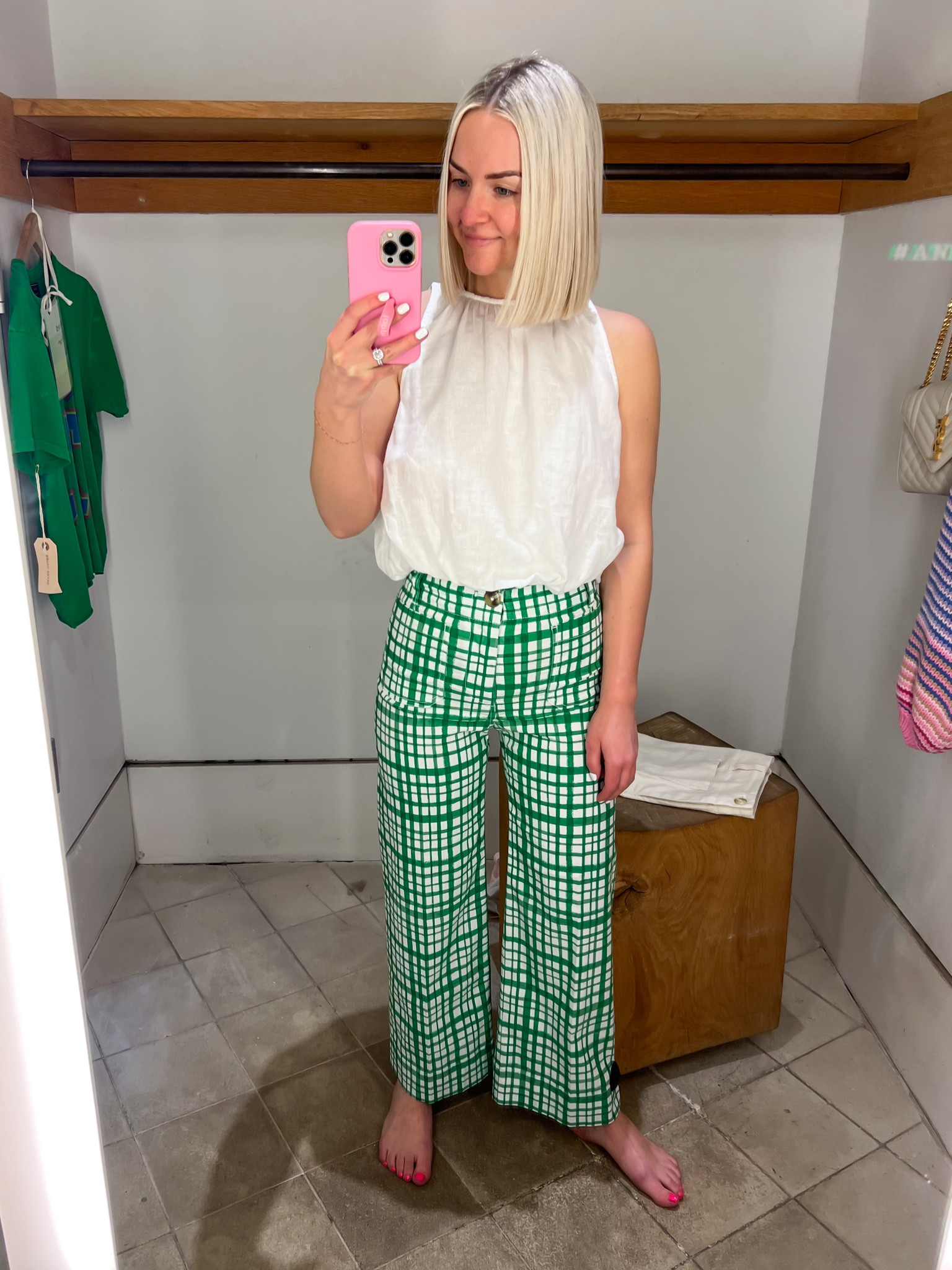 White linen bubble crop top (XXS) / green plaid pants / 60s pants / Colette cropped wide leg pant (24 regular) / spring style / mom style 

#LTKstyletip #LTKSeasonal