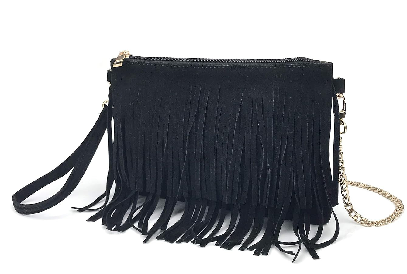 HOXIS Fringe Cross Body Bag Womens Small Shoulder Bag Top Zip Wristlet | Amazon (US)