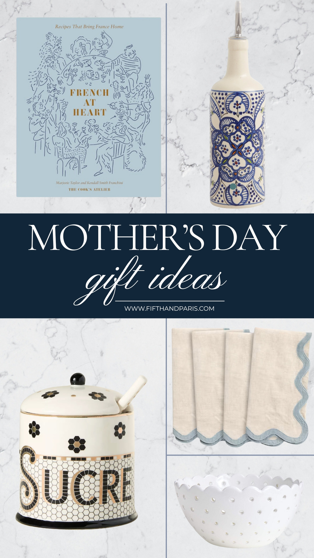Mother's Day Gift Ideas for the Cook in Your Life.

1.  Marjorie Taylor & Kendall Smith Franchini: French At Heart: Recipes that Bring France Home

2.  Olive Oil Dispenser

3.  Sugar Bowl

4.  Scalloped Linen Napkins

5.  Ceramic Colander 

 #LTKGiftGuide #LTKOver40 #LTKHome