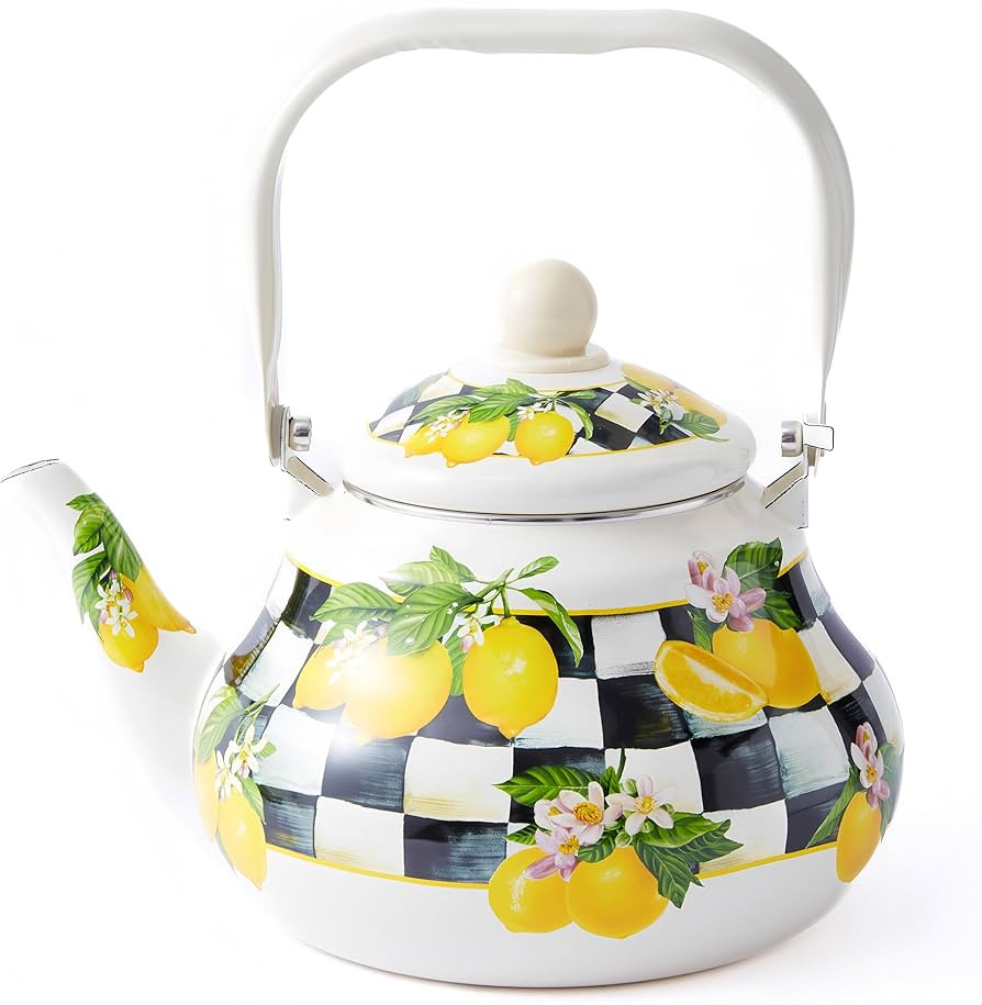 Checkered Tea Kettle with Lemon Pattern \u2013 2 Quart Enamel Stovetop Teapot for Women, Home Coo... | Amazon (US)