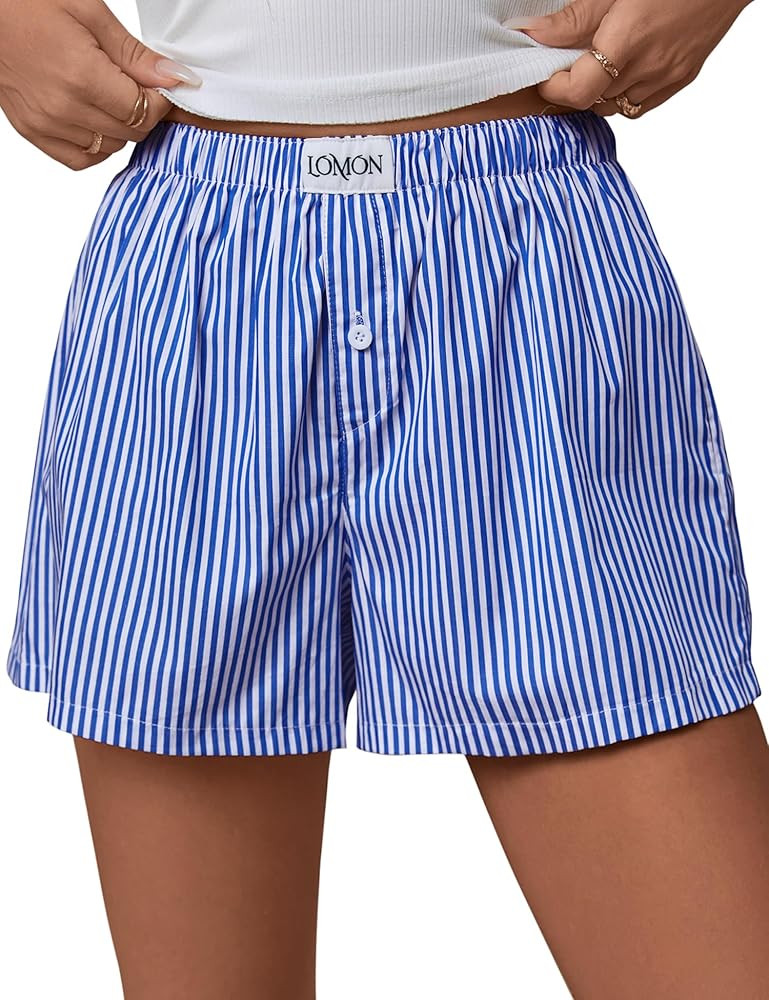 LOMON Womens Boxer Shorts Casual Summer Cotton Pajama Lounge Sleep Pj Gingham Plaid Shorts Y2K Be... | Amazon (US)