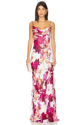 NICHOLAS Kamila Ruffle Cowl Maxi Dress in Ria Floral Print Ivory from Revolve.com | Revolve Clothing (Global)