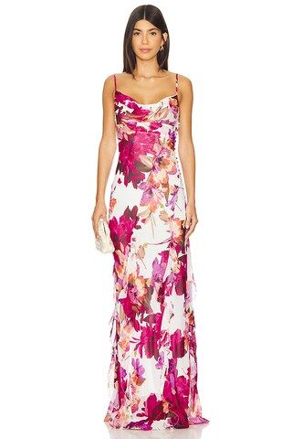 NICHOLAS Kamila Ruffle Cowl Maxi Dress in Ria Floral Print Ivory from Revolve.com | Revolve Clothing (Global)