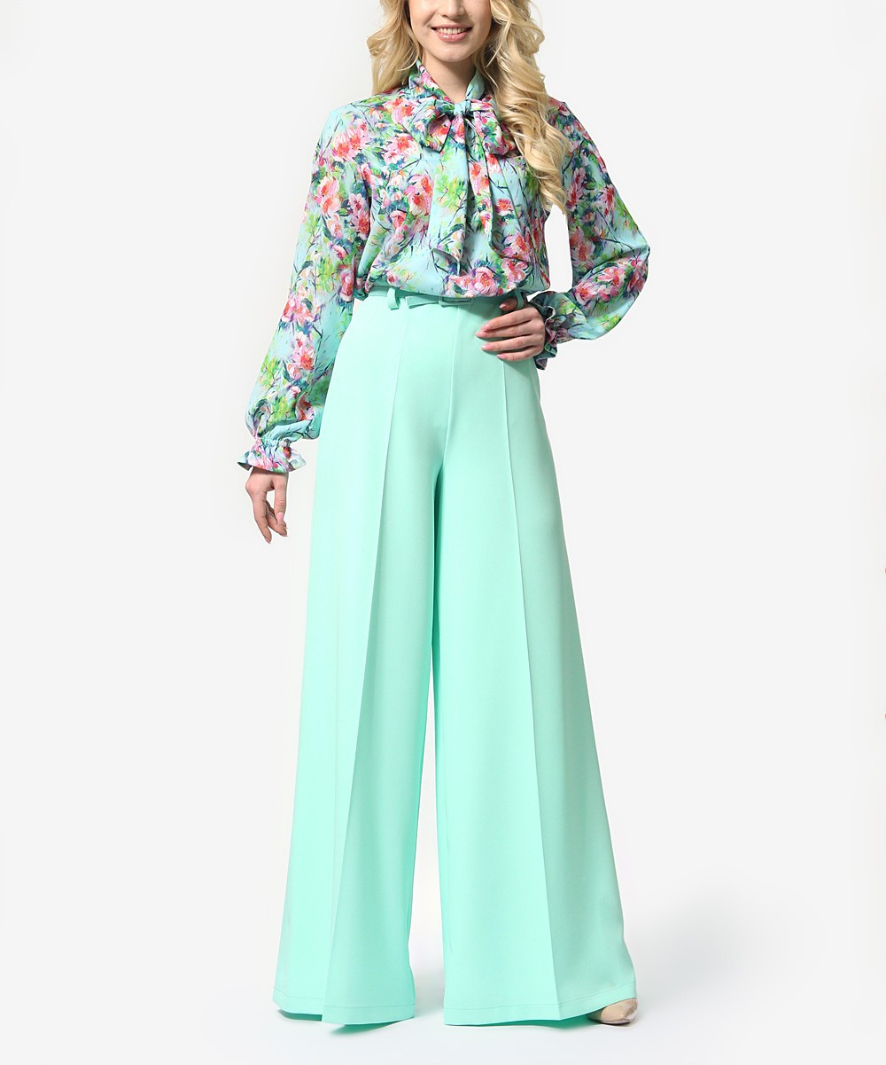 Lila Kass Women's Dress Pants Mint - Mint Floral Tie-Neck Long-Sleeve Top & Mint Wide-Leg Trousers - | Zulily
