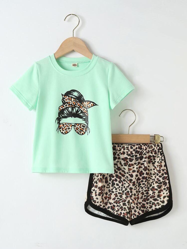 Toddler Girls Leopard And Figure Graphic Tee & Contrast Binding Shorts | SHEIN