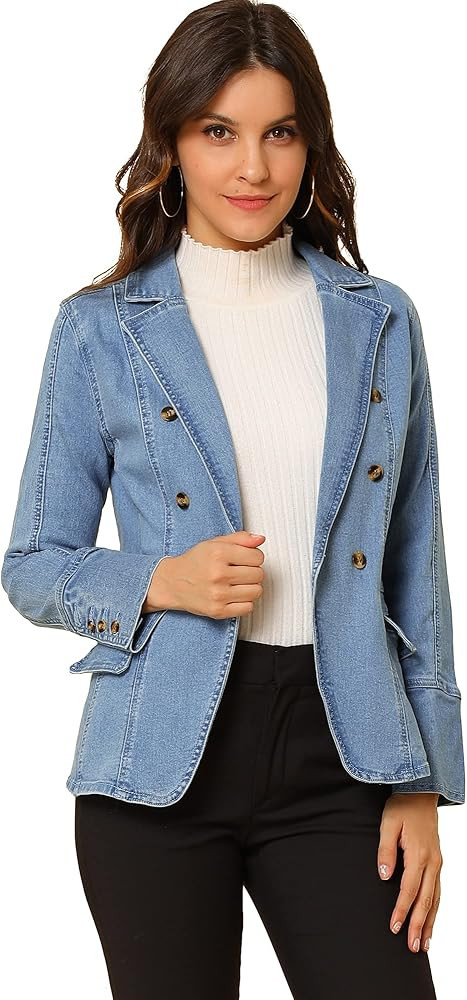 Allegra K Women's Jean Jacket Lapel Long Sleeve Work Denim Blazer with Pockets | Amazon (US)
