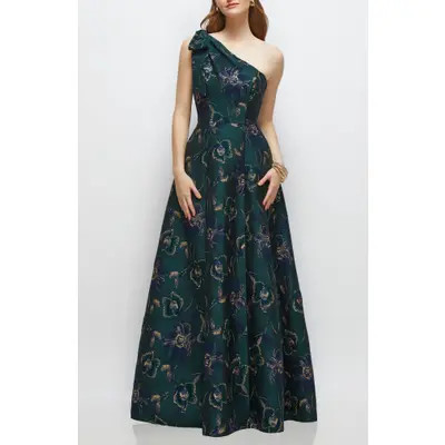 Alfred Sung One-Shoulder Metallic Jacquard Trumpet Gown in Evergreen Floral at Nordstrom, Size 18 | Nordstrom
