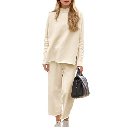 Ainangua Womens Casual Two Piece Outfits Long Sleeve Capelet CrewNeck Pullover Top Wide Leg Pants Lounge Travel Sets(Apricot,XL) | Amazon (US)