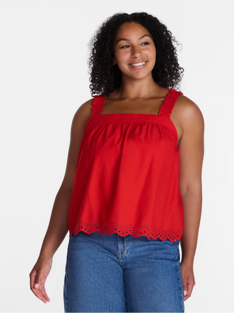 Time and Tru Women\u2019s Eyelet Trim Cotton Tank Top, Sizes XS-XXXL | Walmart (US)
