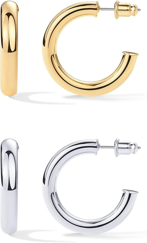 PAVOI 14K Gold Plated Lightweight Chunky Open Hoops for Women | Trendy Gold Hoop Earrings | Amazon (US)
