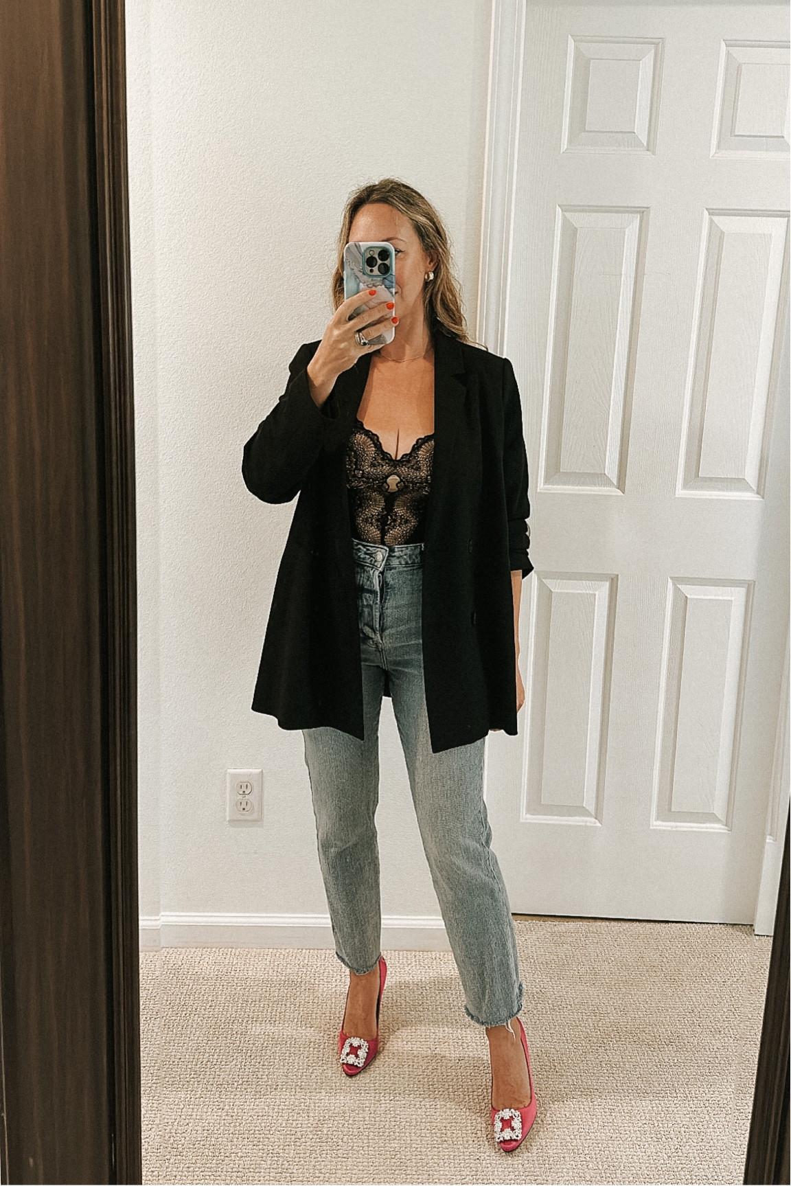 Date night style bodysuit mom jeans girls night out concert outfit Barbie shoes 