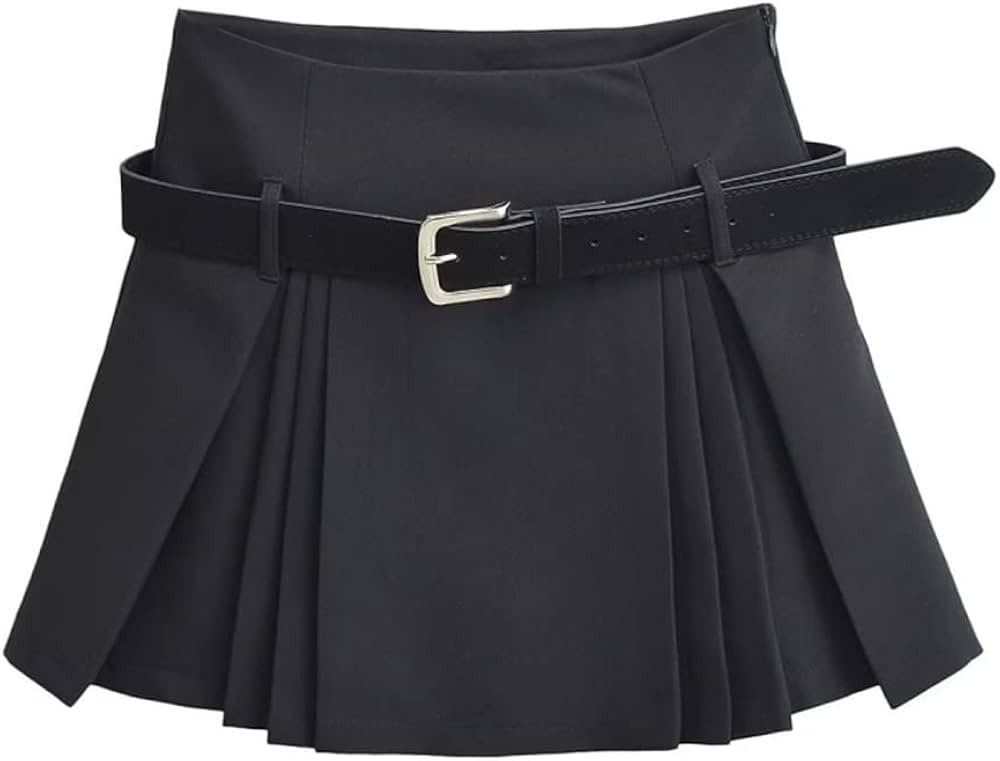 Womens Short Skirts - Black Mini Pleated Skirt Woman Summer High Waist A-Line Skirt with Belt Col... | Amazon (US)