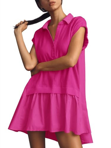Fisoew Womens Summer Sweatshirt Dresses Short Sleeve V Neck Casual Oversized Patchwork Mini Dress Bright Pink | Amazon (US)