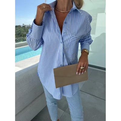Womens Shirts Lapel Collar Pocket Striped Button Down Long Sleeve Shirt Top Blue XL | Target