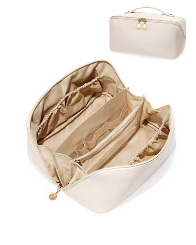 EACHY Travel Makeup Bag, Large Capacity Cosmetic Bags for Women, Waterproof Portable Open Flat Toiletry Bag Make up Bag with Divider and Handle, Gifts for Women (White, Large) | Amazon (US)