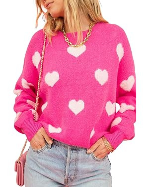 Women's Bright Pink Fuzzy Valentine Hearts Drop Shoulder Sweater Casual Heart-Shaped Long Sleeve ... | Amazon (US)