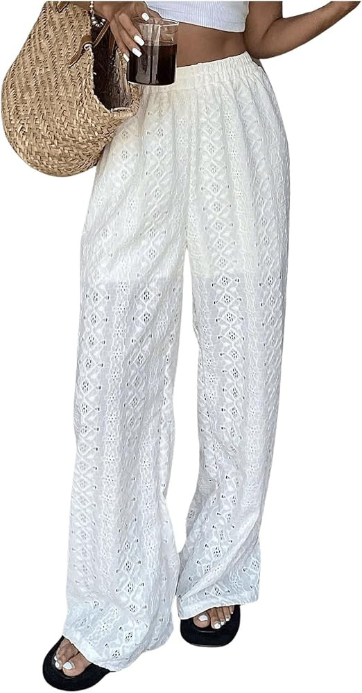 GORGLITTER Women's Floral Eyelet Wide Leg Beach Pants Elastic Waist Lightweight Summer Pants | Amazon (US)