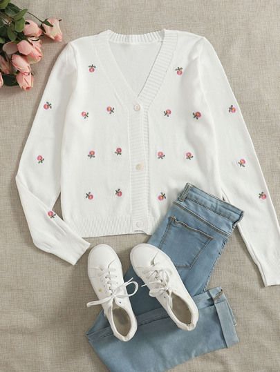 Floral Embroidery Button Up Cardigan | SHEIN