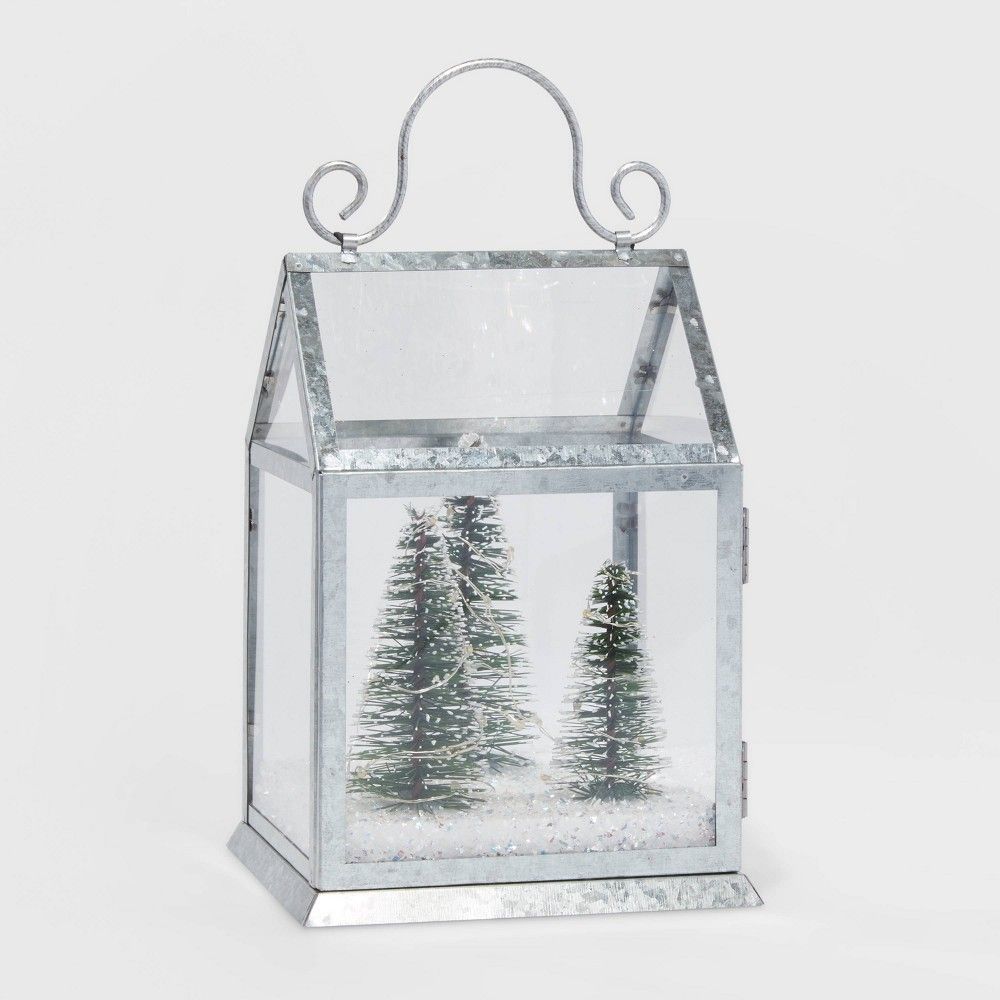 Lit Bottle Brush Tree Scene in Galvanized House Cloche Christmas Decorative Figurine Silver - Wonder | Target