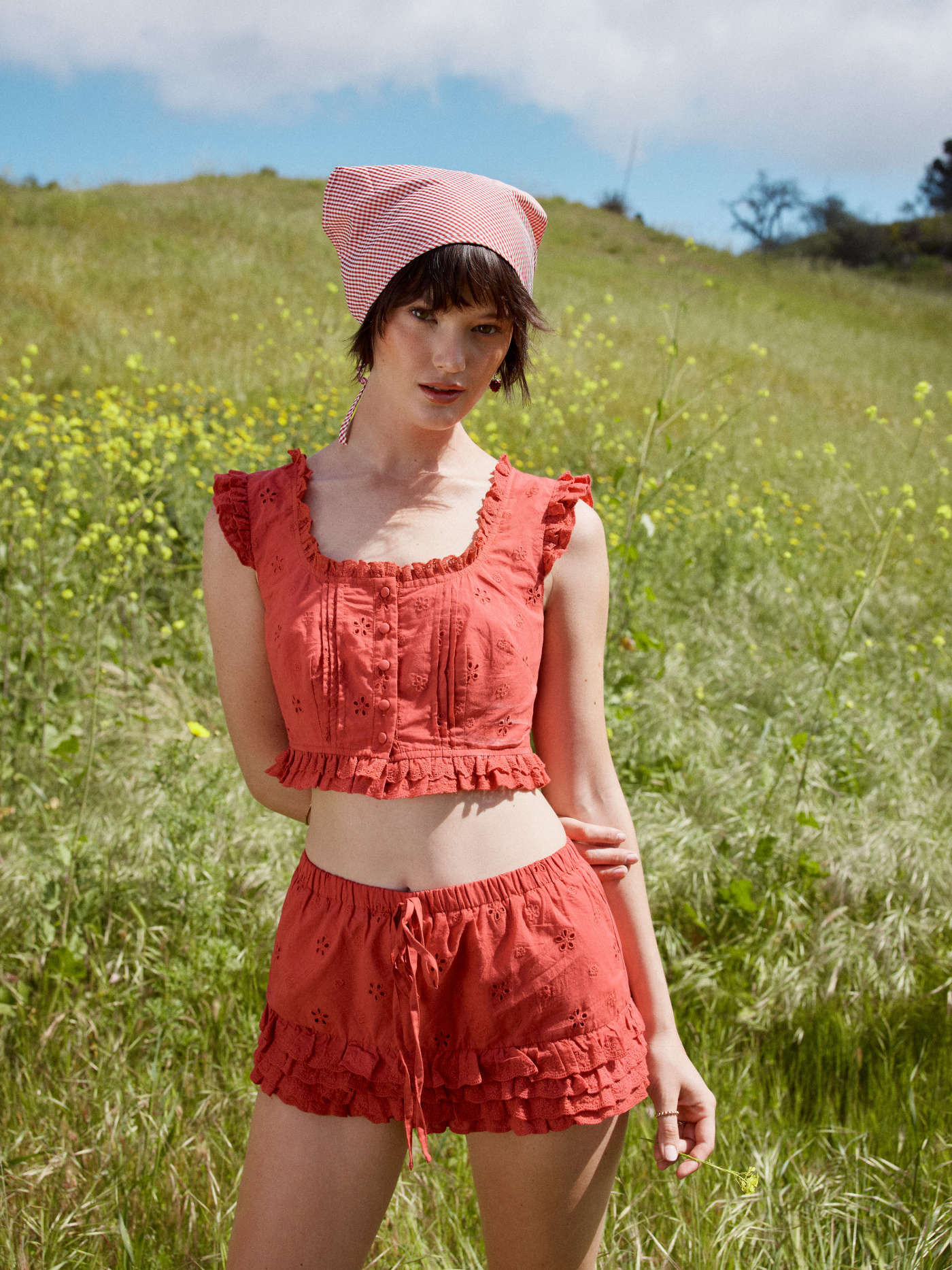 Cotton-blend Square Neck Ruffled Top & Low Rise Embroidery Ruffle Hem Mini Skirt Set | Cider