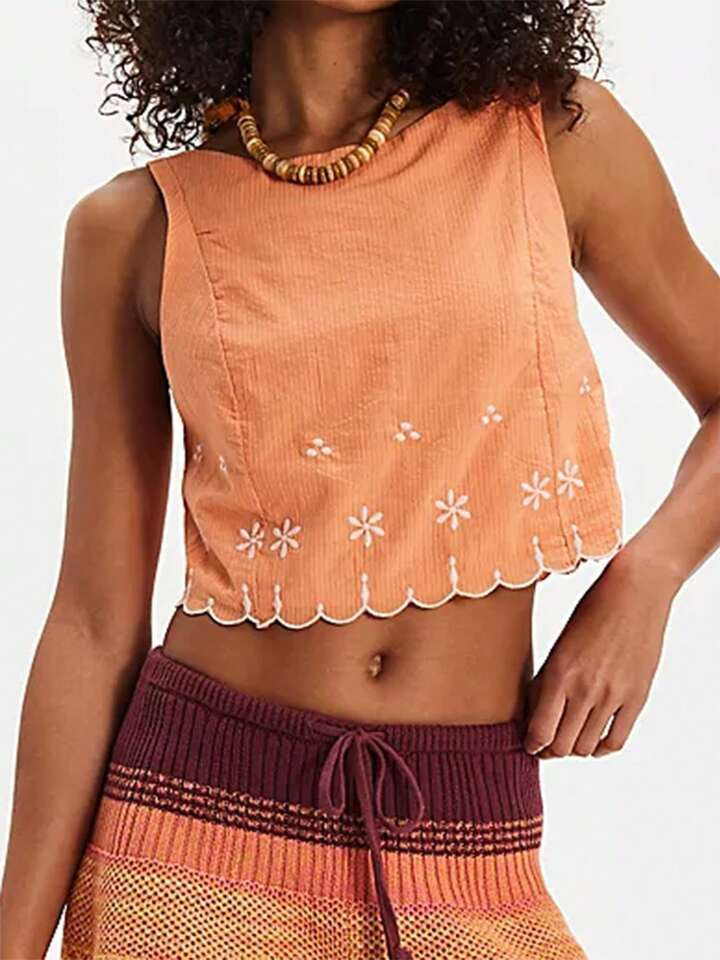 Womens Summer Sleeveless Casual Boho Crop Tank Top Crew Neck Flower Embroidered Back Tie-Up Vest Shirts | SHEIN